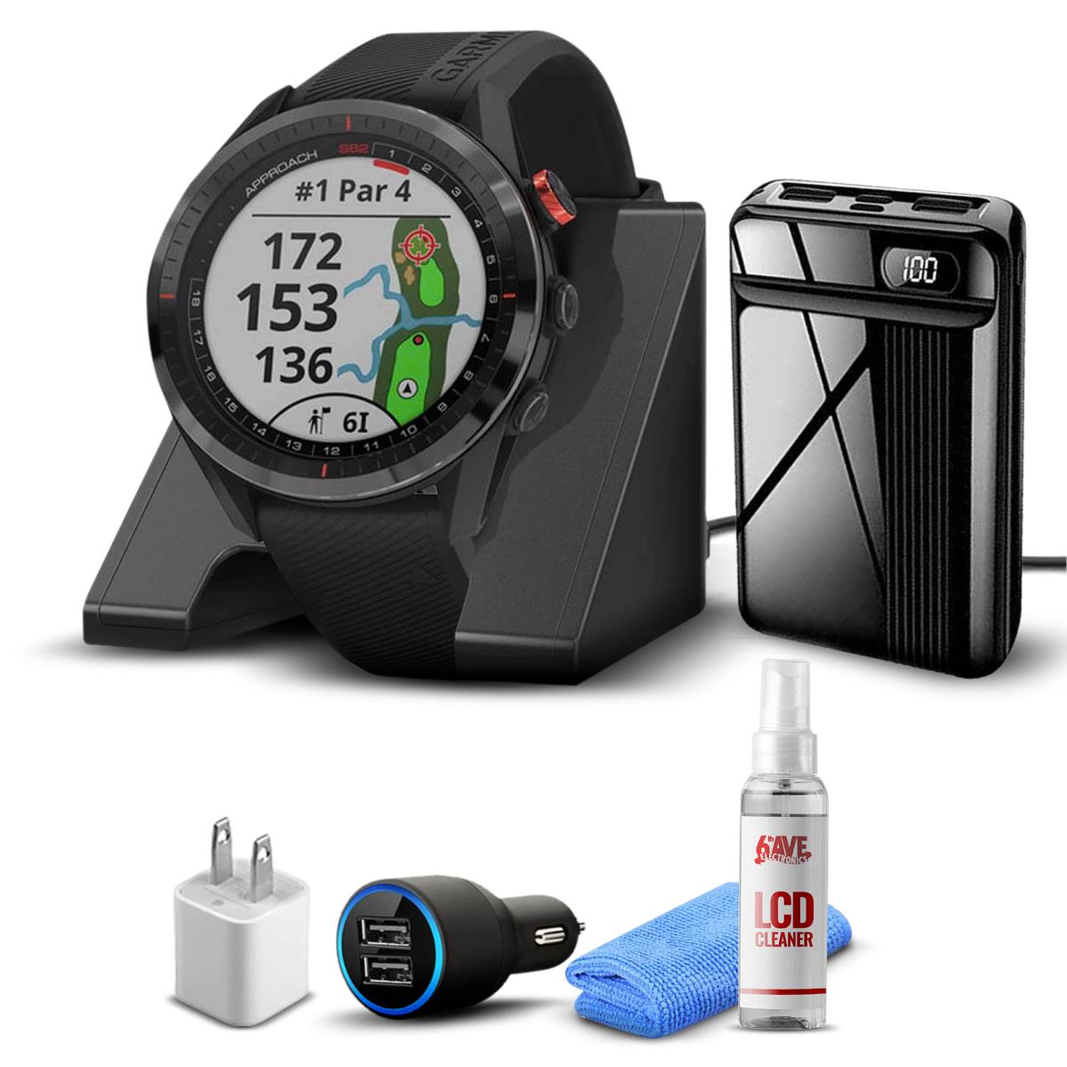 Garmin Approach S62 Gps Golf Watch + Power Bank + Charging Base + More Black Bezel/Black Band