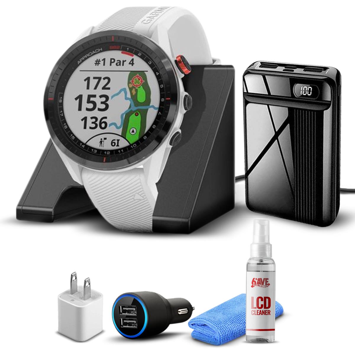 Garmin Approach S62 Gps Golf Watch + Power Bank + Charging Base + More Black Bezel/White Band