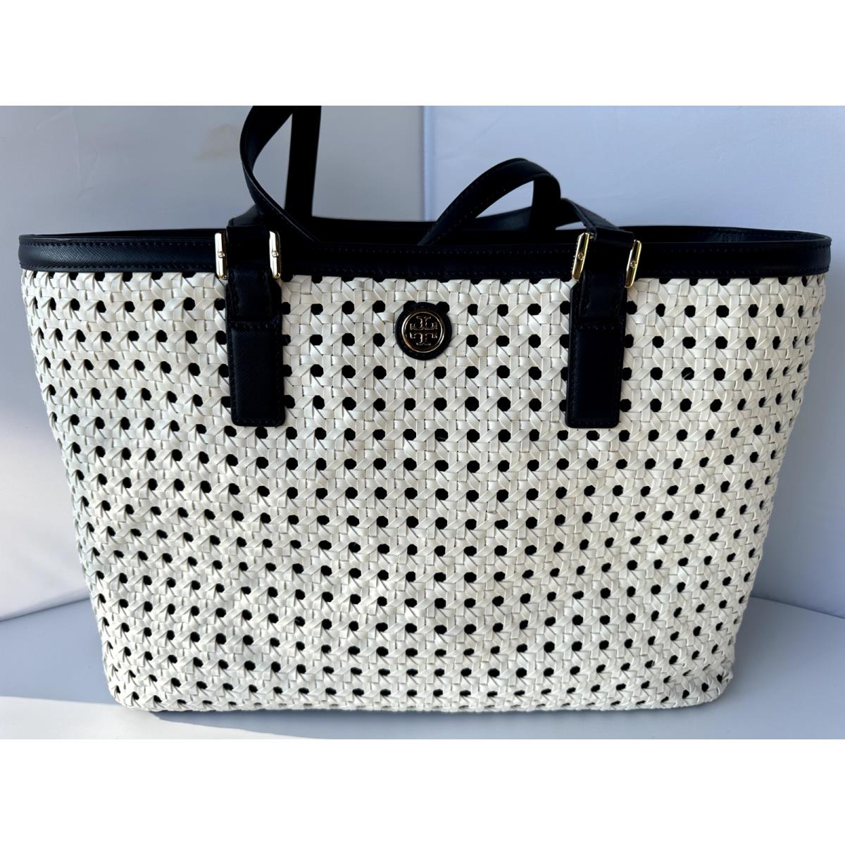 Tory Burch Bag Robinson Basket Weave Tote Shoulder Handbag White Leather