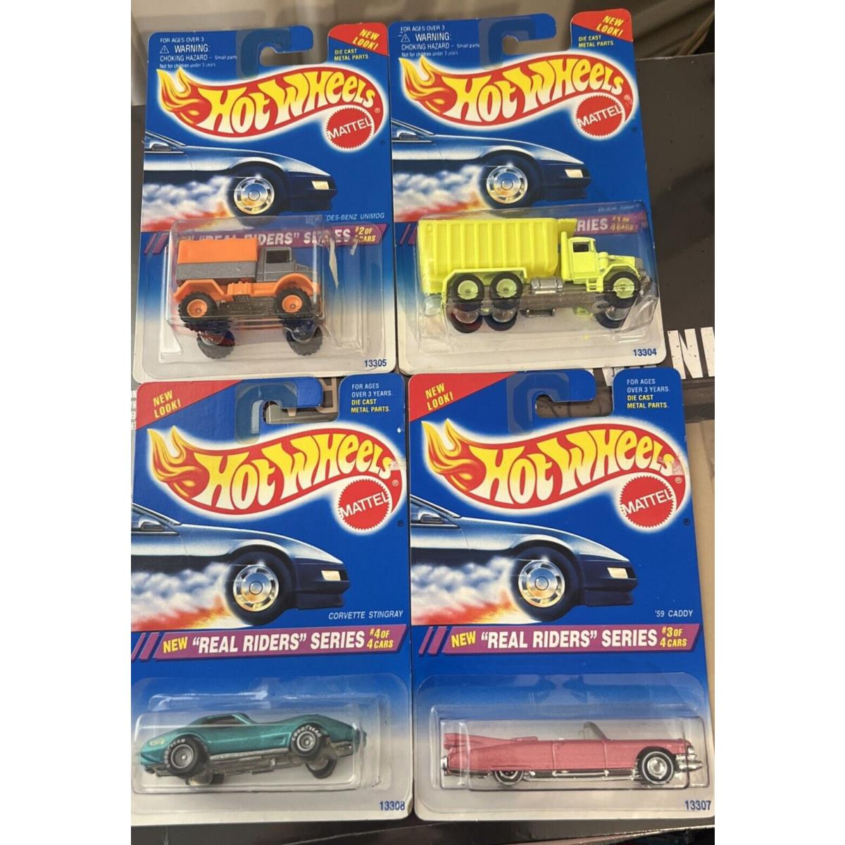 Hot Wheels 1995 Real Riders Series 4 Car Set Cadillac Corvette Unimog Dump Truck