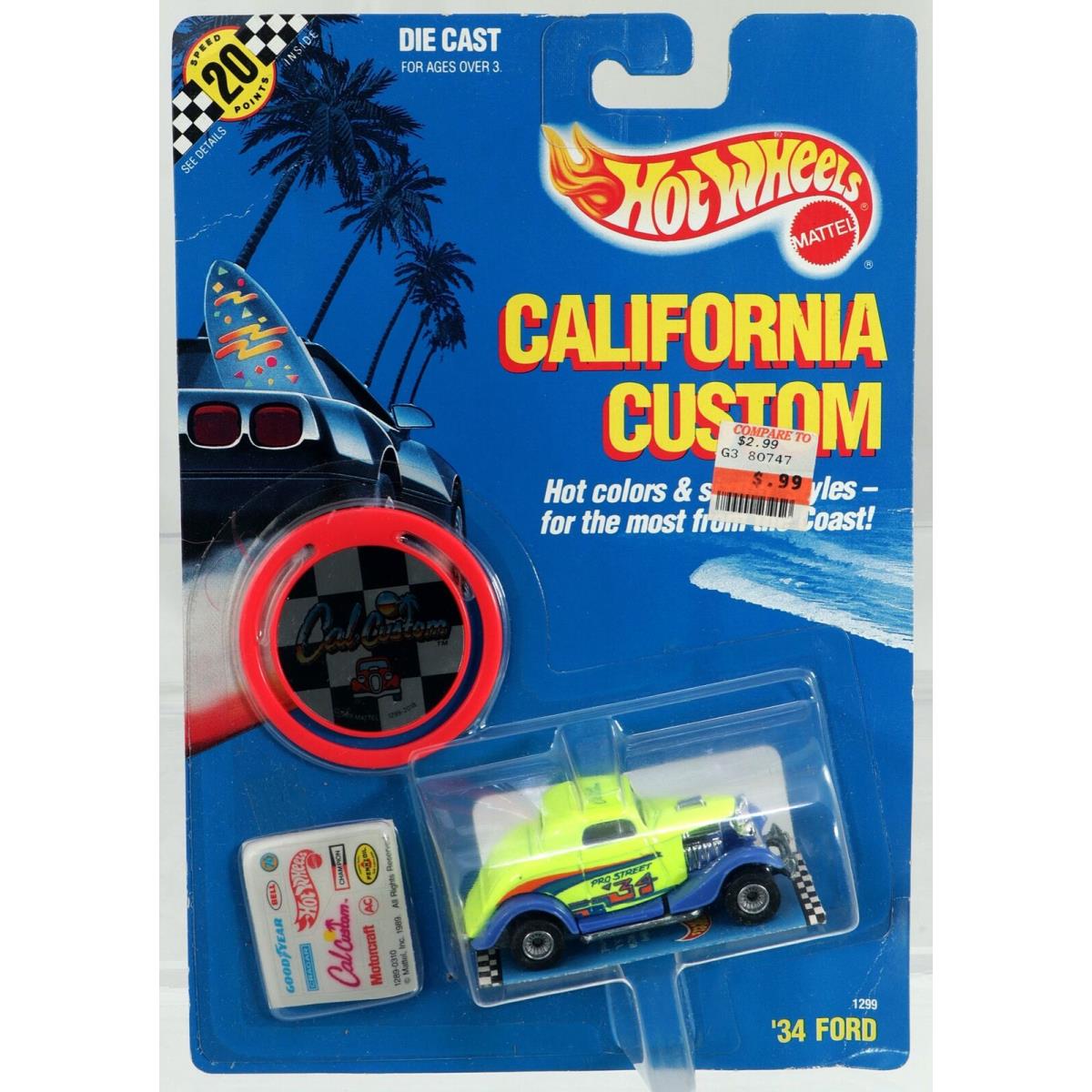 Hot Wheels `34 Ford California Custom Series 1299 Nrfp 1989 Grn/blu W/rr 1:64