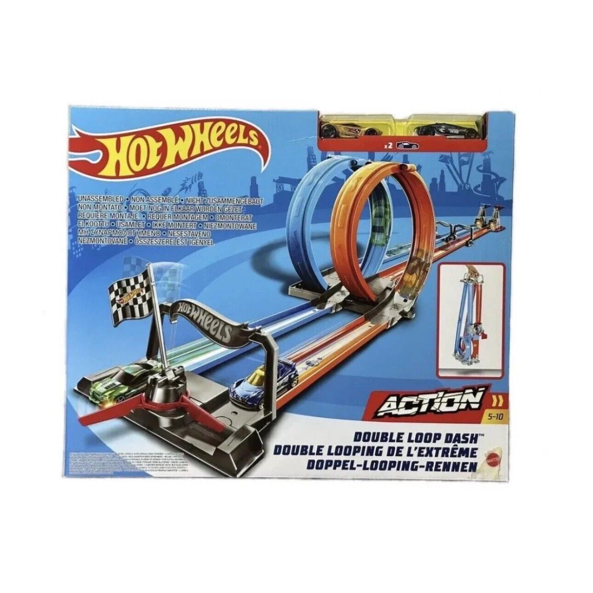 Hot Wheels Double Loop Dash Drag Racing Playset with Orange Blue Vehicle