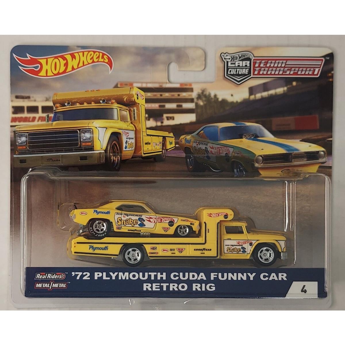 Hot Wheels Plymouth Cuda Funny Car & Retro Rig `72 Plymouth Cuda Funny Car Retro Rig 2018 Hot Wheels Team Transport FLF57