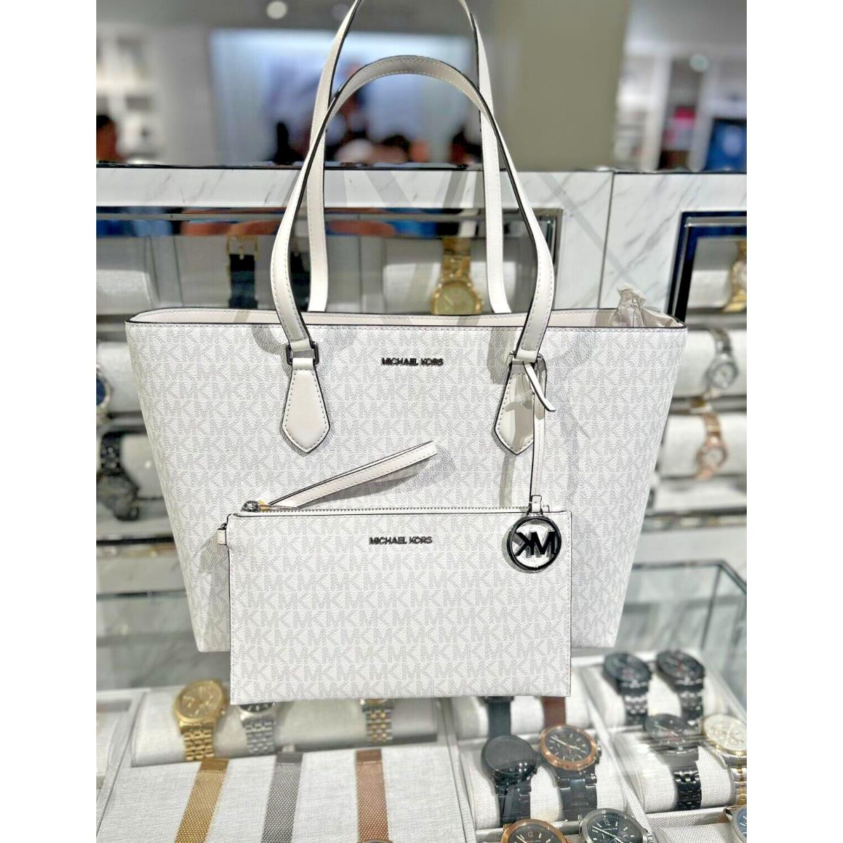 Michael Kors Sheila Large Shoulder Tote Bag + Clutch Wristlet Wallet-optic White