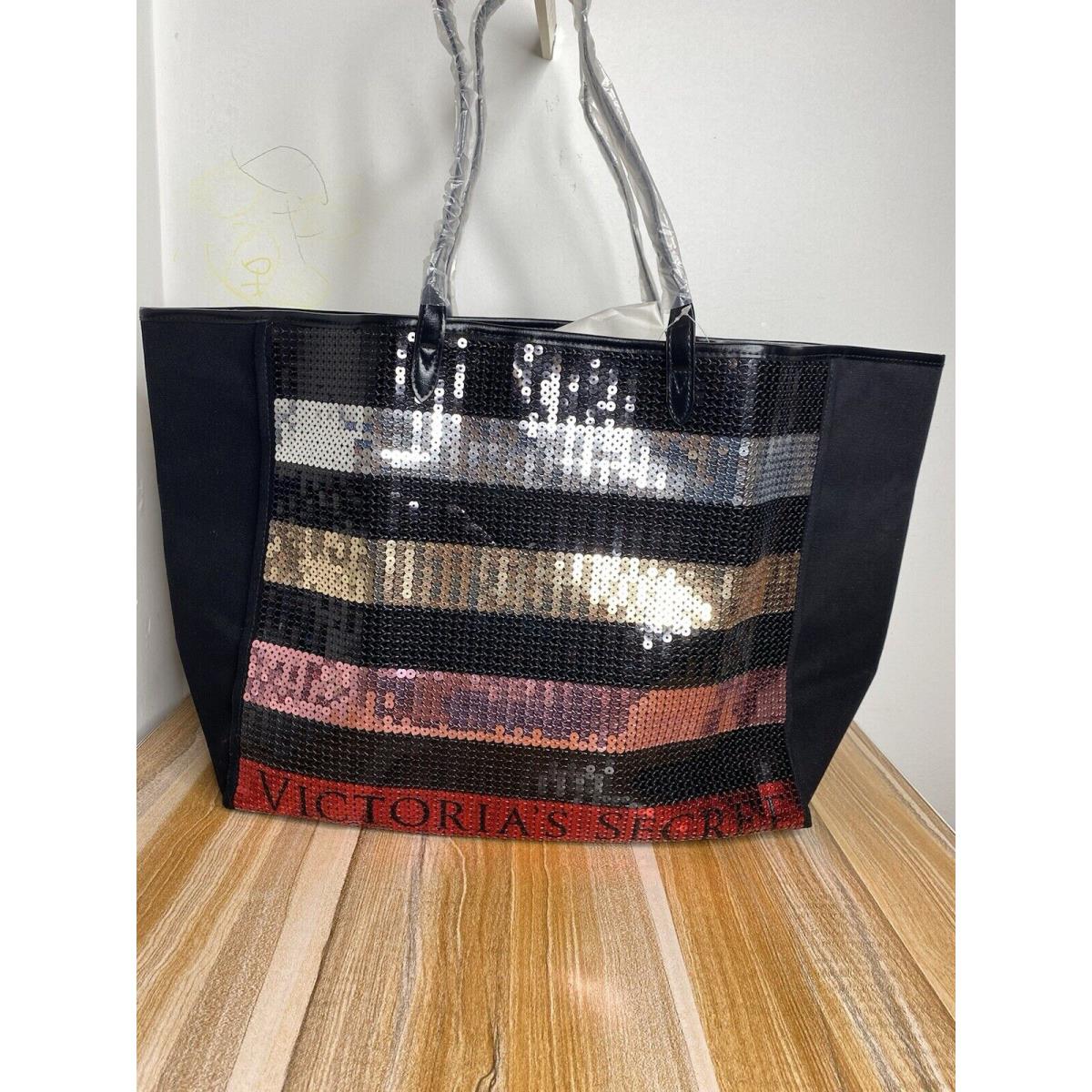 Victoria`s Secret Black Sequin Striped Large Weekender/beach Bag-purse