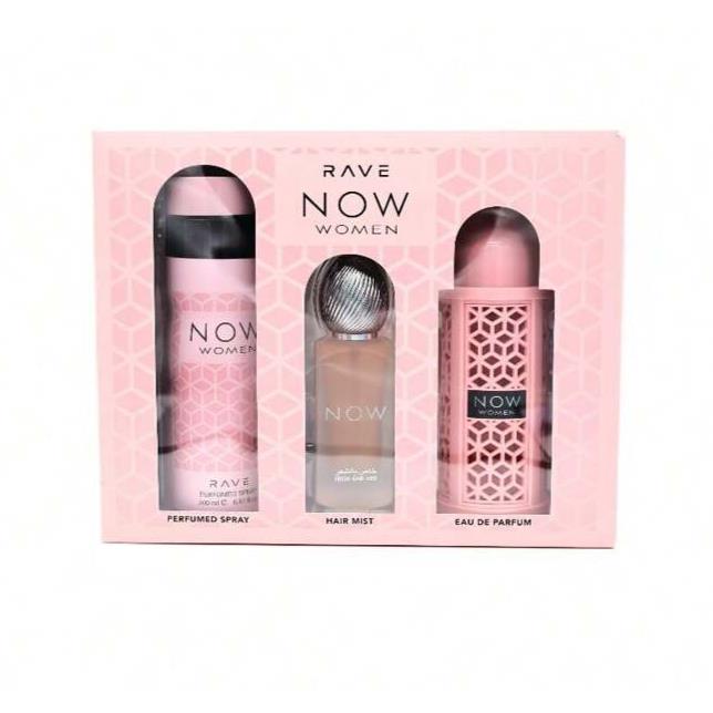 Lattafa Rave Now 3pc Set 3.4oz Edp Spray + 1.7oz Hair Mist + 6.7oz Body Spray