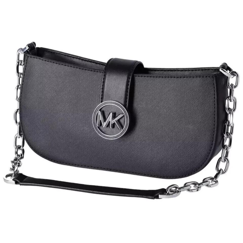 Michael Kors Carmen Small Pouchette Black Shoulder Bag 35H3SNMC0L - Handle/Strap: Silver, Hardware: Silver, Exterior: Black