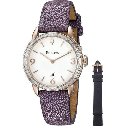 Bulova 98R196 Purple Black Strap 78 Diamonds Rose Gold Women`s Watch