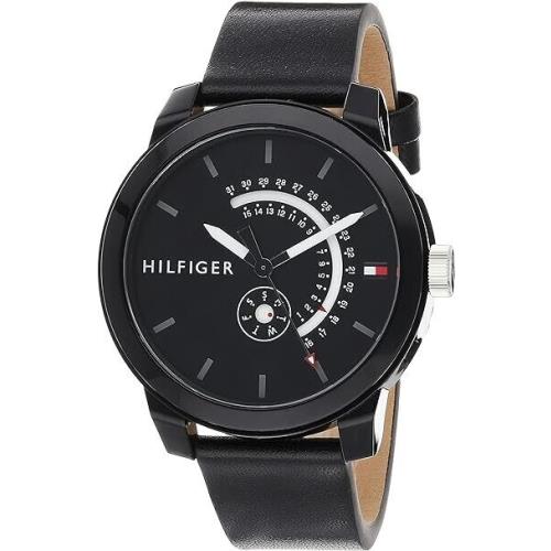 Tommy Hilfiger 1791479 Men`s Quartz Watch Black Leather Calfskin Strap 44mm