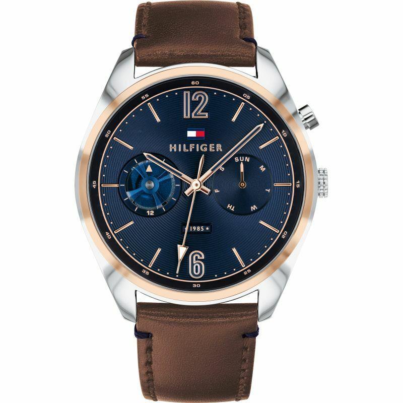 Tommy Hilfiger Men`s Multifunction Blue Dial Brown Belt Watch 1791549