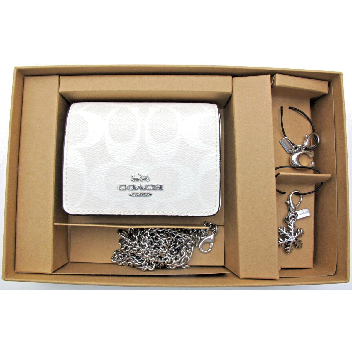 Coach Boxed Mini Wallet on a Chain Signature w/2 Charms Chalk Glacier White