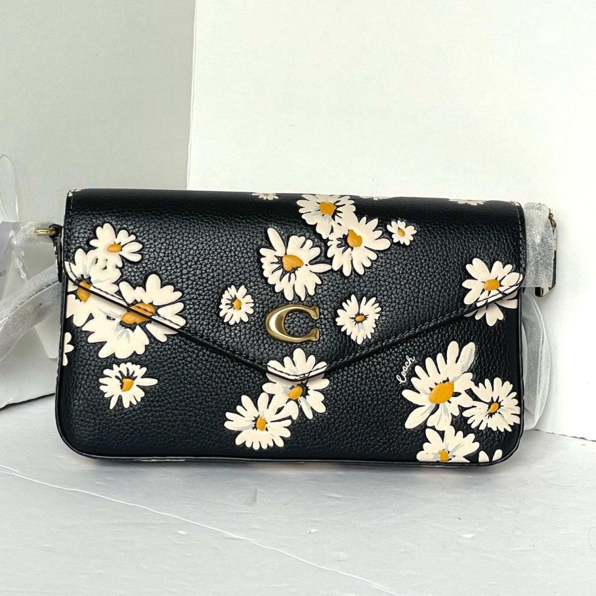 Coach Wyn Crossbody Bag Envelope Clutch Black Leather Daisy Floral CS017