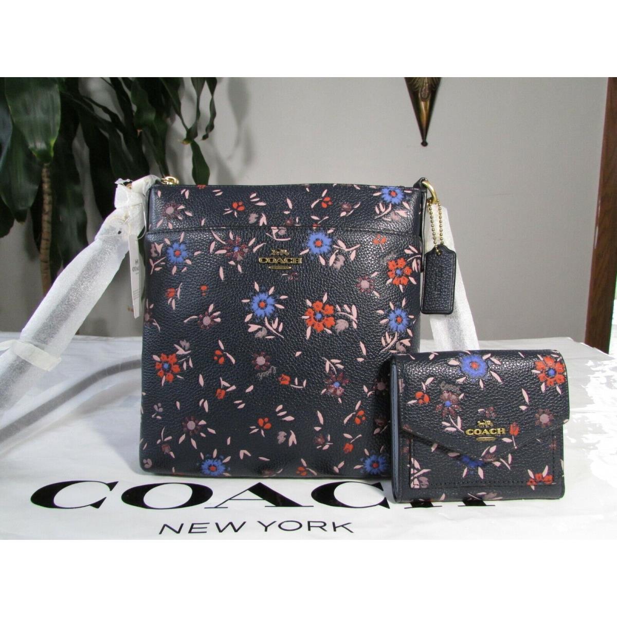 Coach Leather Kitt Wildflower Print Messenger 1346 Wallet 1131 Navy Multi