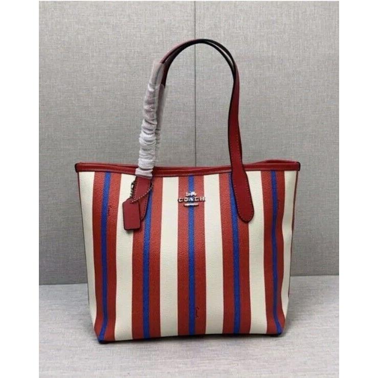 Coach CT824 Small City Tote with Stripe Print Canvas Leather Red Beach Bag