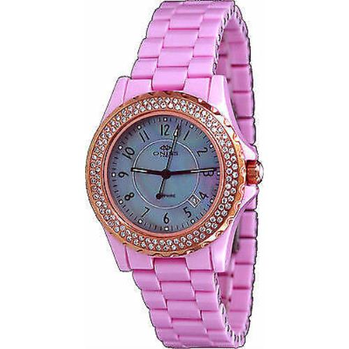 Oniss ON6200-LRG Women`s Crystal Accented Boyfriend Mop Dial Pink Ceramic Watch