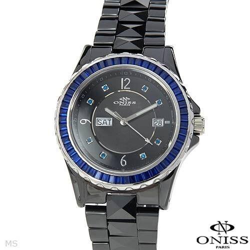 Oniss Ladies Black Ceramic Blue Crystals Quartz Watch Model on620-lb/blu