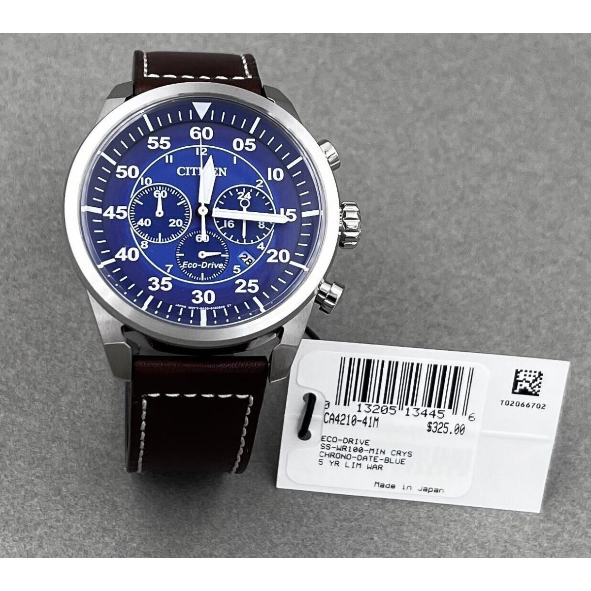 Citizen CA4210-41M Men`s Eco Drive Avion Blue Dial Leather Chronograph Watch - Dial: Blue, Band: Brown