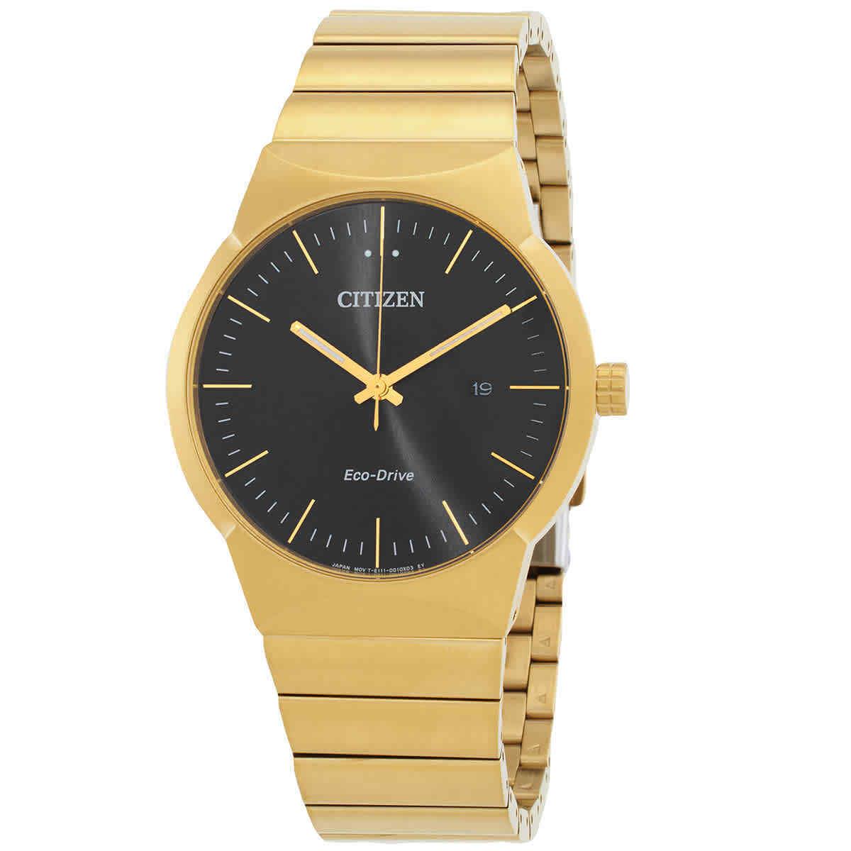 Citizen Axiom Eco-drive Black Dial Unisex Watch BM7582-56E - Dial: Black, Band: Gold-tone, Bezel: Gold-tone