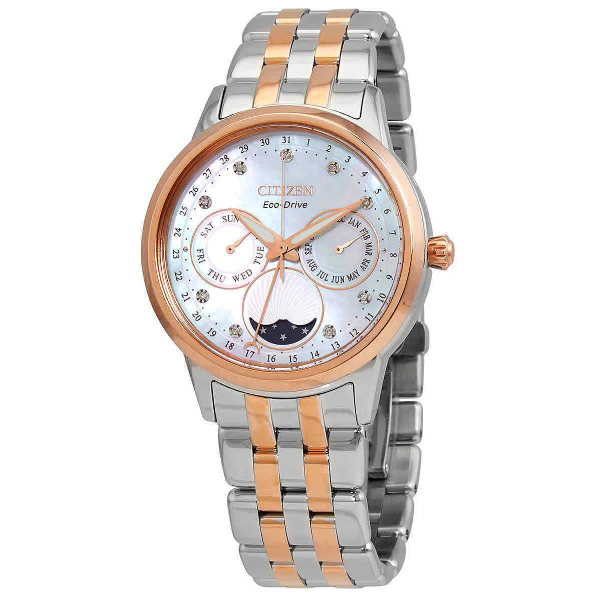 Citizen Calendrier Chronograph Diamond Eco-drive Ladies Watch FD0006-56D - Dial: White, Band: Silver, Pink, Bezel: Rose Gold