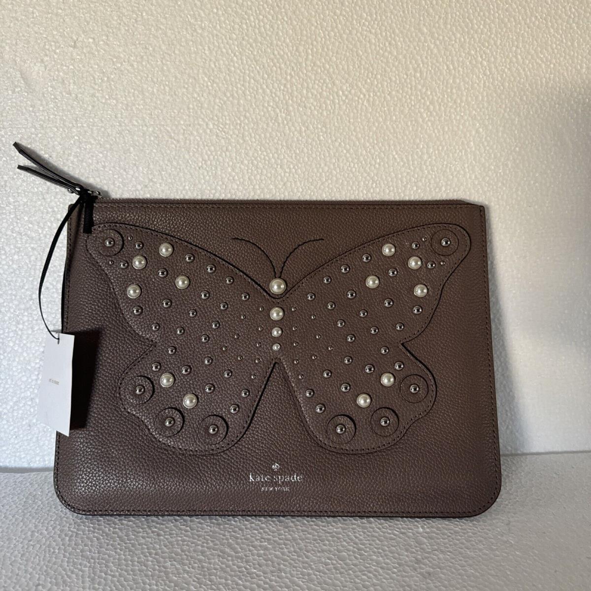 Kate Spade Leather Gia Larchmont Butterfly Pouch Clutch Brown Stud Light Walnut