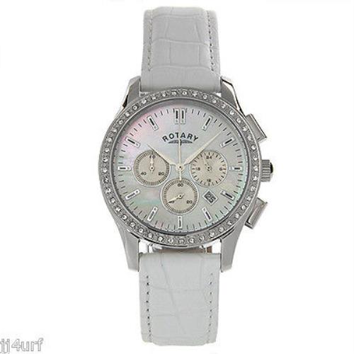 Rotary watch  - Mother of pearl, play of color Dial, White Band, Crystals Bezel