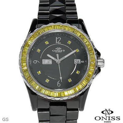Oniss Ladies Black Ceramic Yellow Crystals Quartz Watch Model on620-yl Sale