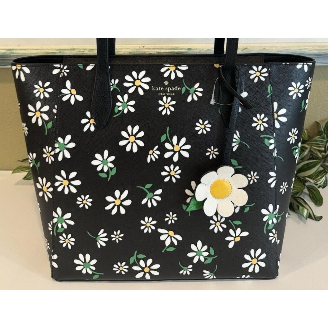 Kate Spade Dana Shoulder Tote Zip Bag Purse Carryall Floral Daisies Black White