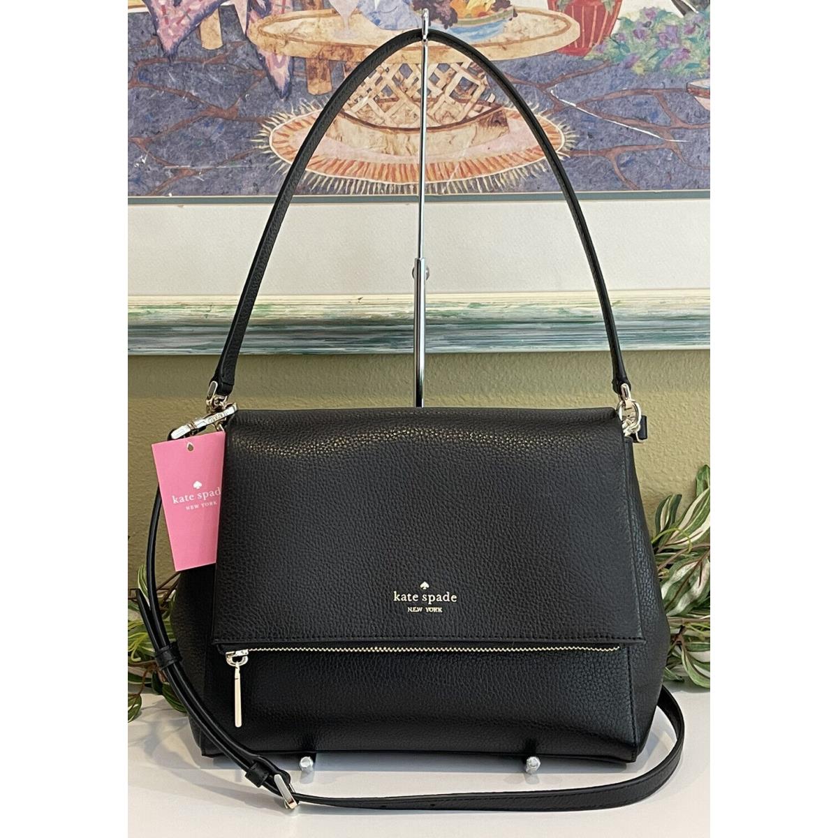 Kate Spade Leila Medium Flap Shoulder Bag Tote Black Leather Purse Crossbody