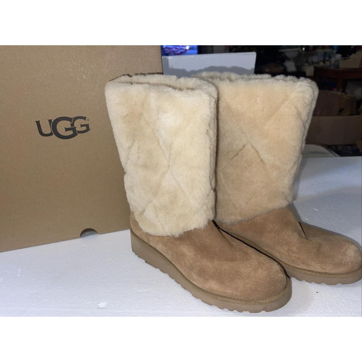 Ugg Ariella Luxe Diamond Chestnut Suede Fur Wedge Boots US 8 Women 1015444