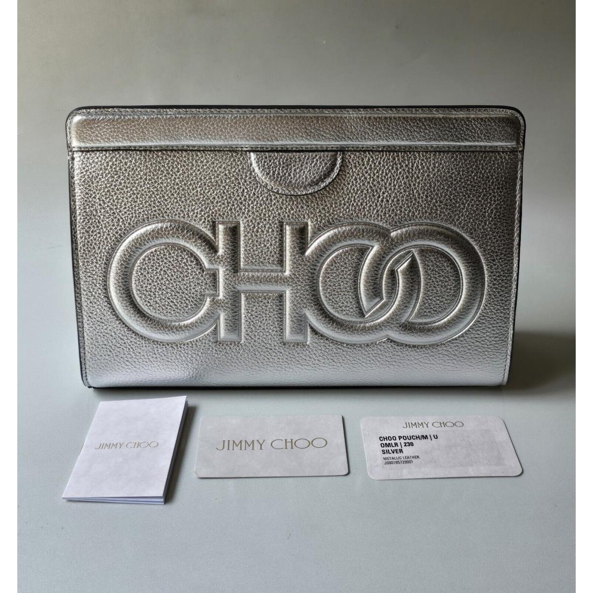 Jimmy Choo Clutch Silver Leather Pouch Bag Choo Logo Large - Amazing