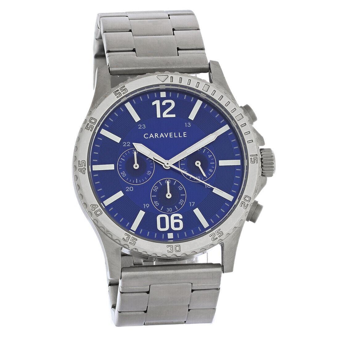 Caravelle by Bulova Mens Stainless Steel Chronograph Quartz Watch 43A145 - Face: Blue, Dial: Blue, Band: Silver