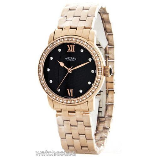 Rotary Women`s Rose Gold-plated Black Dial Watch LB00122/13