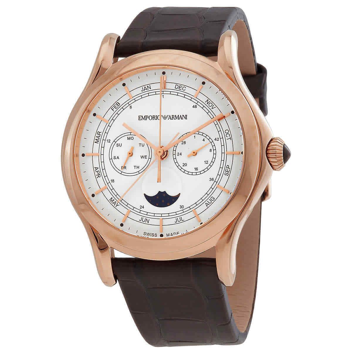 Emporio Armani Classic Quartz White Dial Men`s Watch ARS4202 - Dial: White, Band: Brown, Bezel: Rose Gold-tone