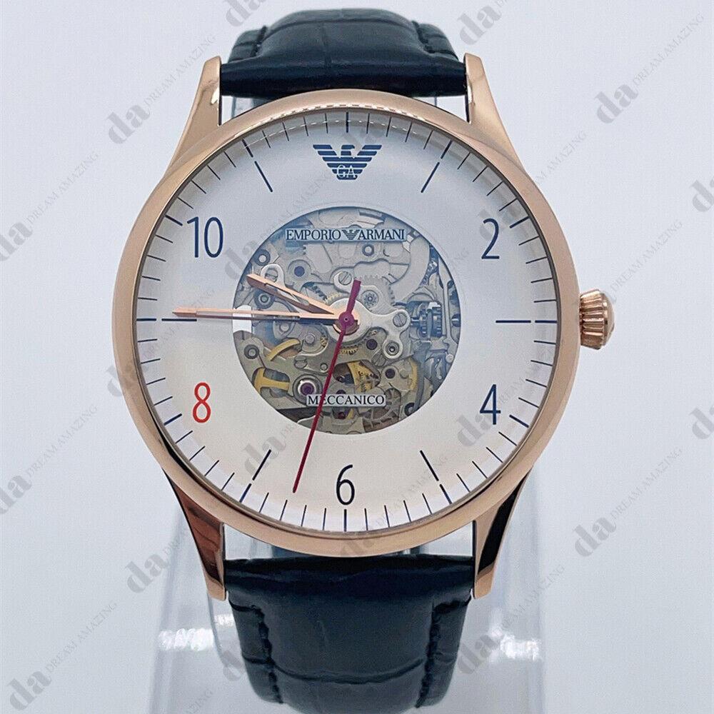 Emporio Armani AR1924 Quartz White Skeleton Dial Black Leather Strap Men`s Watch