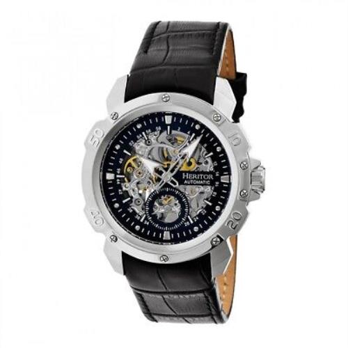 Heritor Automatic Conrad Skeleton Dial Black Leather Silver Men`s Watch HR2504 - Dial: Black, Band: Black, Bezel: Silver