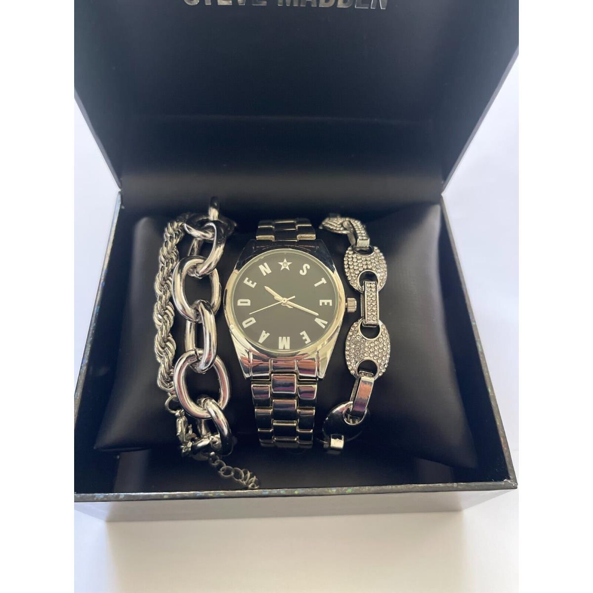 Steve Madden Watch Trio Bracelet Gift Set Silver Tone Stainless Steel Strap