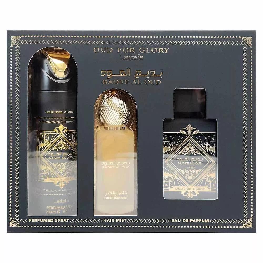 Lattafa Bade`e Al Oud 3pc 3.4oz Edp Spray + 1.7oz Hair Mist + 6.7oz Body Spray