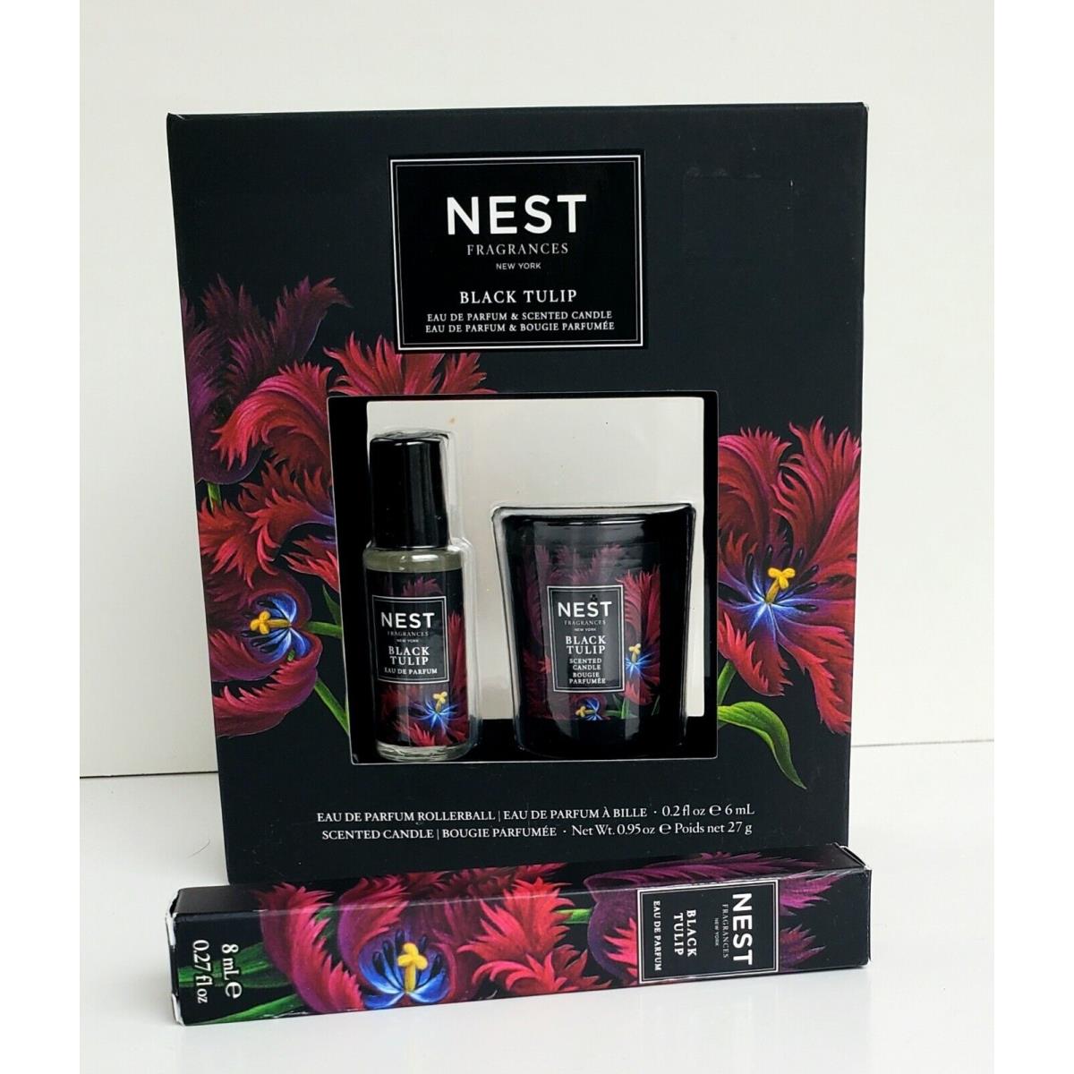 Lot Nest Fragrance Black Tulip .2oz Edp Rb Candle Set + .27oz Edp Rollerball