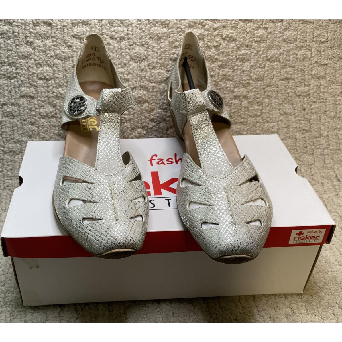 Rieker Silver Ice Metallic Leather Mirjam Shoes 4110 Concho Strap Cutout