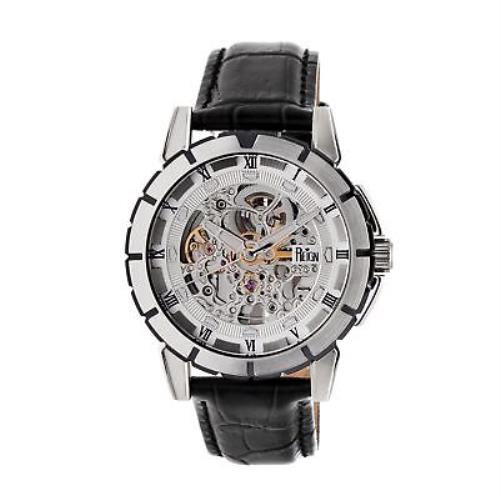 Reign Philippe Men`s Automatic Skeleton Dial Black Leather Silver Watch RN4603 - Dial: Silver, Band: Black, Bezel: Silver