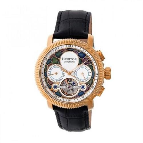 Heritor Automatic Aura Men`s Semi-skeleton Leather Rose Gold Watch HR3506