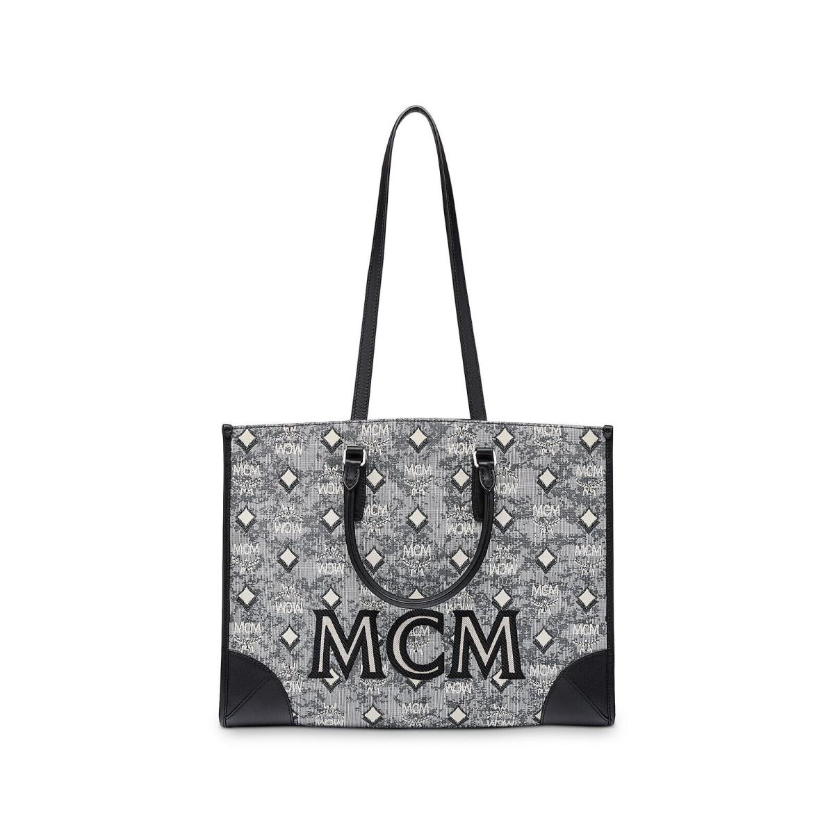 Mcm Women`s Gray Feet Logo Top Handle 12In Pouch Jacquard Tote Handbag Purse