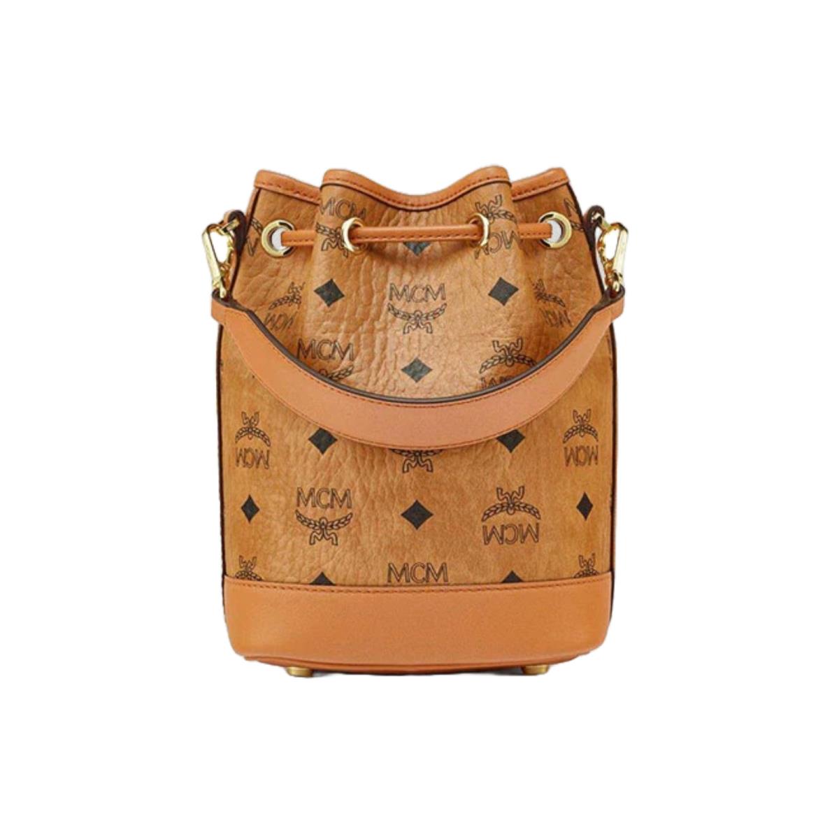 Mcm Drawstring Bucket Bag in Visetos and Nappa Leather - Handle/Strap: Brown, Exterior: Cognac