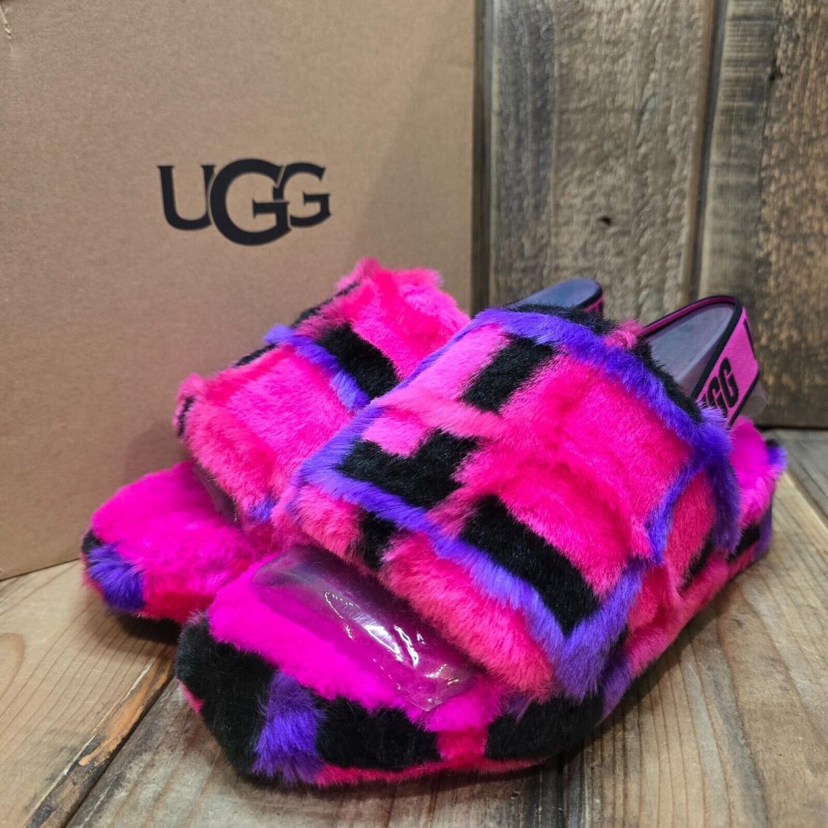 Womens US 7 Ugg Fluff Yeah Slide Plaid Punk Pink Multi Slingback Furry Sandal