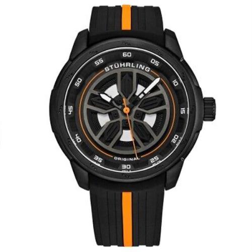 Stuhrling 984 05 Aviator Quartz Black Orange Silicone Strap Mens Watch