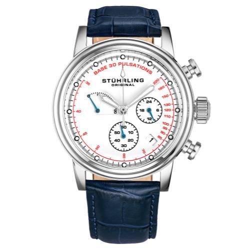 Stuhrling 895 04 Chronopulse Chronograph Pulsometer Date Blue Leather Mens Watch