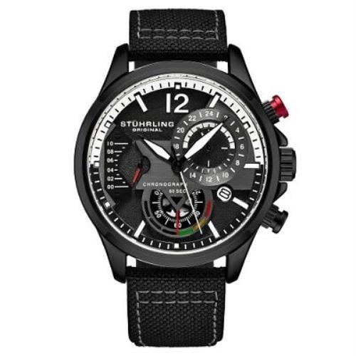 Stuhrling 908 05 Aviator Quartz Chronograph Date Black Leather Mens Watch