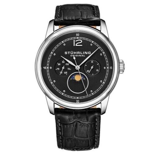 Stuhrling 898 02 Celestia Moon Phase Day Date Black Leather Strap Watch