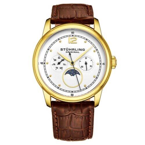 Stuhrling 898 03 Celestia Moon Phase Day Date Brown Leather Strap Watch