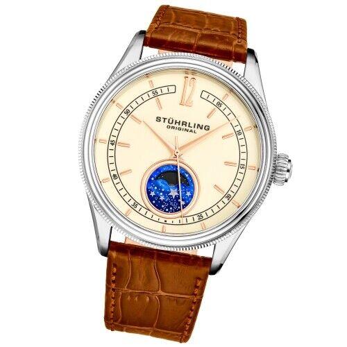 Stuhrling 897 03 Celestia Moon Phase Brown Leather Strap Watch